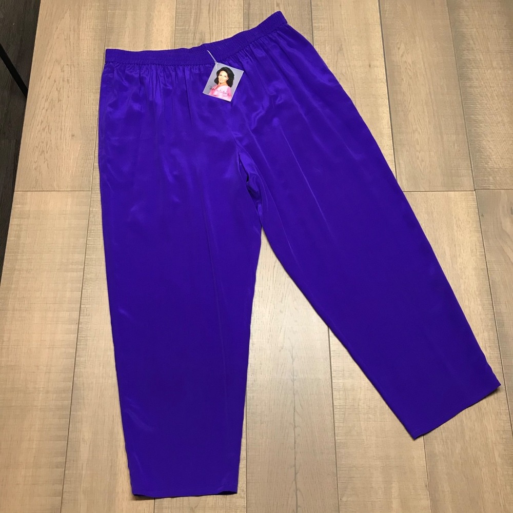DVF Diane Von Furstenberg Silk Pants Womens Size 3X Purple Elastic‎ Pull On NEW